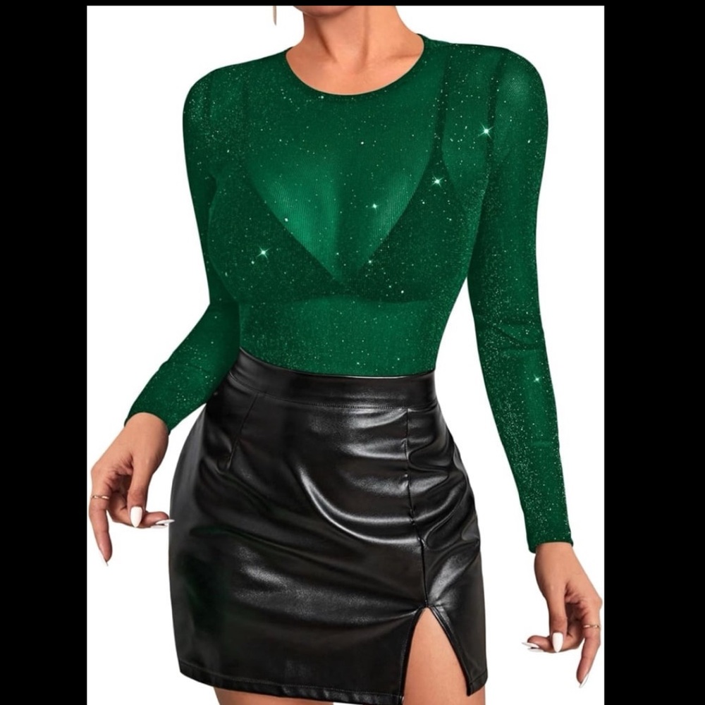 Allchic glitter sheer mesh long sleeve top